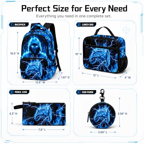 Game Backpack Set for Boys Kids, Gaming Kids Boys Backpack with Lunch Box, Pencil Bag and Coin Purse. Game School Bag 17" (Blue) - color: Blue-2