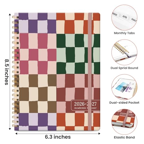 Planner 2026-2027, Academic Planner Weekly and Monthly, Jul 2026 - Jun 2027, Spiral Bound School Planning Tool with Tabs and Pocket, Perfect for Students & Teacher, 6.3" x 8.5", Checkered - color: Checkered, size: 6.3"x8.5" (A5)