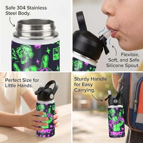 Gamepad Pattern Kids Water Bottle 12oz Stainless Steel Insulated Bottle Vacuum Leak Proof Straw Lid with Double Wall BPA Free School (Color5) - color: Color5