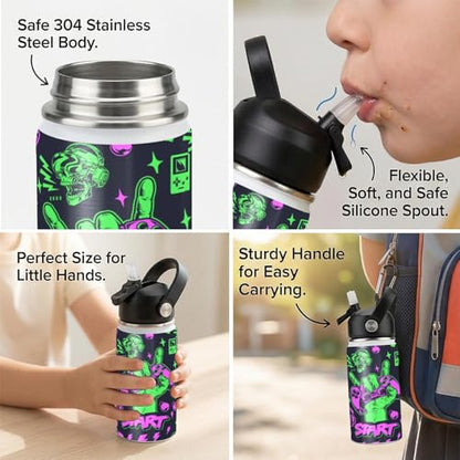 Gamepad Pattern Kids Water Bottle 12oz Stainless Steel Insulated Bottle Vacuum Leak Proof Straw Lid with Double Wall BPA Free School (Color5) - color: Color5