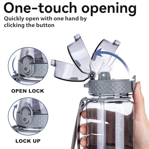GOPPUS 32 oz Clear Water Bottle with Straw, BPA Free Tritan Water Bottle, Leakproof Clear Motivational Water Bottle, Wide Mouth Sports Water Bottle for Gym, Hiking, School, Office - color: C-Grey