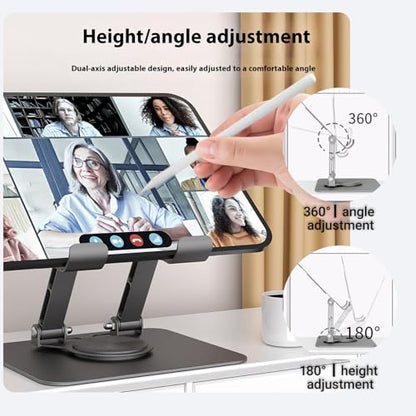 360° Swivel Tablet Stand for iPad, Adjustable Height & Angle Ergonomic Holder, Foldable Portable Desktop Mount for 4-12.9 inch Tablets & Phones, Non-Slip Base with Heat Vent - color: white