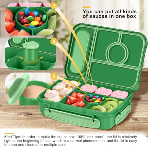 Amathley Bento Box Adult Lunch Box Kids,Lunch Containers for Adults/Kids/Toddler,5 Compartments Bento Lunch Box with Sauce Vontainers,Microwave & Dishwasher & Freezer Safe,BPA-Free (Emerald green) - color: Emerald Green