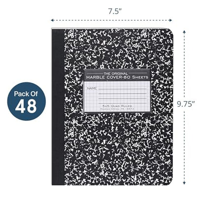 ROARING SPRING Hard Cover Composition Notebook, 48 Pack, Black Marble Comp Book, 9.75″ x 7.5″, 5x5 Grid Graph Ruled, 80 Sheets (160 Pages), Made in USA - size: 9.75" x 7.5", style: 48 Pack - 5x5 Grid Graph Ruled - 80 Sheets - Black Marble