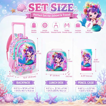 3Pcs Mermaid Rolling Backpack for Girls, Kids School Backpacks with Wheels, Roller Bookbag with Lunch Box for Elementary Preschool(Pink) - color: Mermaid Pink02