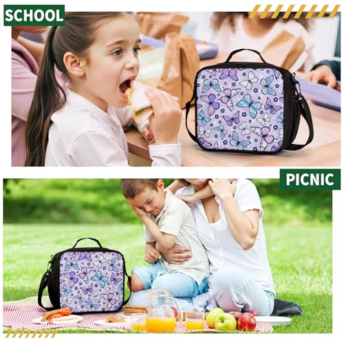 Purple Butterfly Lunch Box Colorful Butterflies Flowers Lunch Bag with Shoulder Strap for Kids Teens Durable Large Capacity Insulated Lunchbox Thermal Meal Bag for School Picnic - color: A-Purple Butterfly