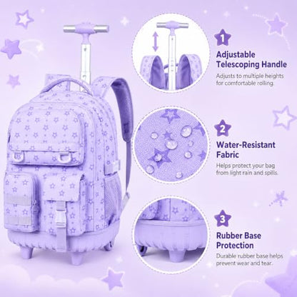 WZLVO 3PCS Rolling Bookbag, Water Resistance Girls Wheeled Backpack, Women Aesthetic Roller School Bag Set with Lunch Box & Pencil Bag for Teens & Kids - Purple Star - color: 3pcs Girls Rolling Backpack - Purple Star