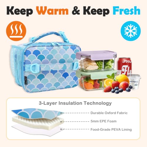 FlowFly Kids Lunch Bag, Durable Insulated School Lunch Box with Shoulder Strap and Bottle Holder, Water-resistant Thermal Small Lunch Cooler Tote for Teen Boys & Girls,Mermaid - color: Mermaid