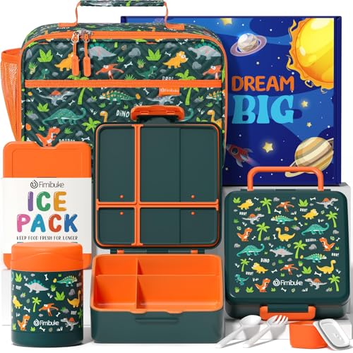 Fimibuke Kids Bento Snack Lunch Box with Thermo Insulated Toddler Lunch Bag | Lunch Box Kids with 4 Compartment, Food Jar, Ice Pack, Utensils, Birthday Gifts for Ages 3-12 Back to School Toddler Girl Boy - color: A7.Green Dinosaur