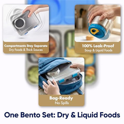 Stainless Steel Bento Lunch Box with 8 oz Insulated Food Jar – 54 oz – Leak-Resistant 3-Compartment Kids & Adult Metal Meal Container with Silicone Container and Thermo for Work & School, BPA-Free