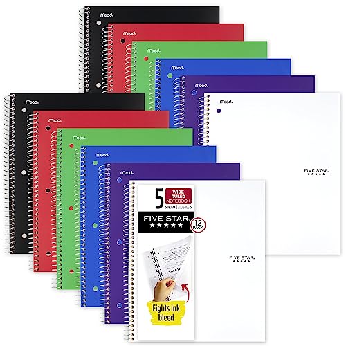 Five Star Spiral Notebooks, 12 Pack, 1-Subject, Wide Ruled Paper, 10-1/2" x 8", 100 Sheets, Assorted Colors Will Vary (52166) - size: 12 Pack