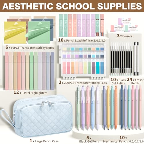 62PCS Aesthetic School Supplies with Cute Pencil Case, Pastel Highlighters Black Ink Gel Pens Mechanical Pencils Kit, Back to School Supplies College Essentials Preppy Stationary Set for Student Girls - color: Blue