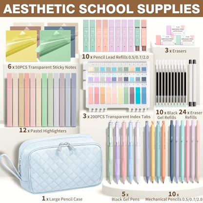 62PCS Aesthetic School Supplies with Cute Pencil Case, Pastel Highlighters Black Ink Gel Pens Mechanical Pencils Kit, Back to School Supplies College Essentials Preppy Stationary Set for Student Girls - color: Blue