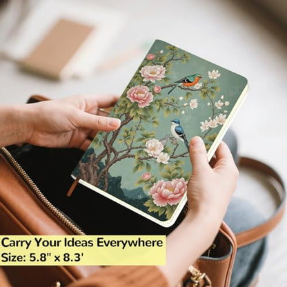 Lovdazzles Pretty Leather Lined Journal Flower and Bird Notebook 200 Pages A5 Ruled Notebooks, Aesthetic Cute Hardcover Leather Journal for Women Gift, Perfect for Office School Home (5.8 x 8.3) - color: Multi 1719