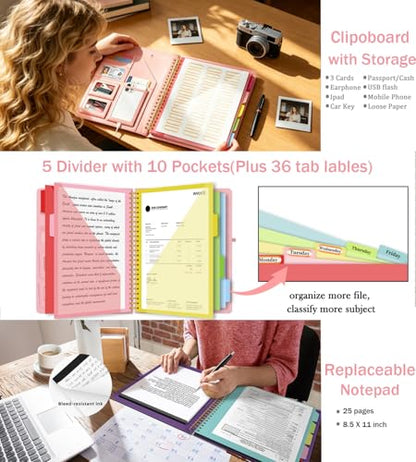 Foldable Spiral Clipboard Folio with Storage Zipper Pouch, 5 Plastic Folders with Pockets,Refillable Lined Notepad (8.5" x 11"), Hardcover Project Organizer with 36 Stickers - color: 2-rose Golden
