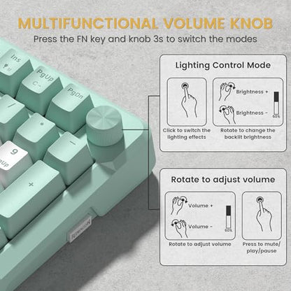 Redragon K742 Wireless Mechanical Gaming Keyboard with Knob, Bluetooth 5.0/2.4GHz/USB C Wired Creamy Keyboard with Number Pad for PC Computer, RGB Backlits, Hot-Swappable with Linear Switches (Green) - color: Green
