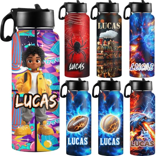D-Story Personalized Kids Water Bottle with Straw Lid - 18 oz Leak-Proof Stainless Steel Insulated Flask, Back to School Birthday Gifts for Boys - color: Boy's Style