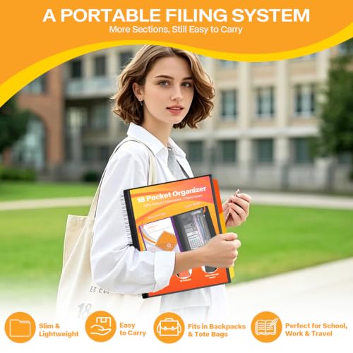 1 Pack 18 Pocket Poly Project Organizer with 9 Dividers, Heavyduty Folder with Customizable Front Cover, Metal Wire Binding Spine, Extra Zipper Pouch, Letter Size, School Office Supplies - color: 18 Pockets, style: 1 Pack