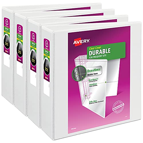 Avery Durable Clear View 3 Ring Binders, 3 Inch Binder Rings, 4 White Binders (09203) - size: 3", style: 4 Pack