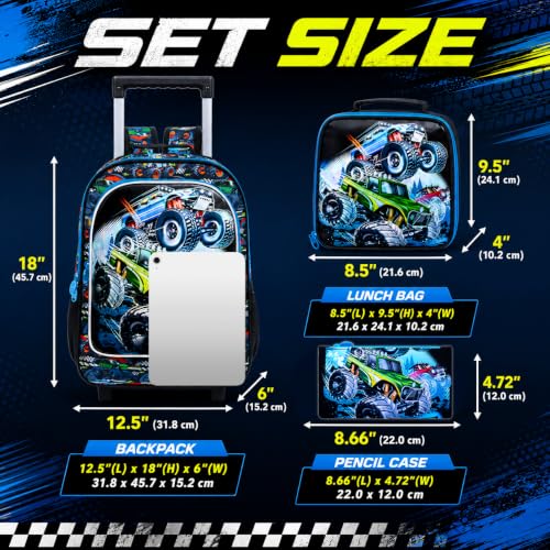 CCJPX 3PCS Truck Rolling Backpack for Boys, Kids Roller Wheels School Bookbag Set, Cars Travel Wheeled School Bag for Toddler Elementary Children-Blue - color: Green Truck