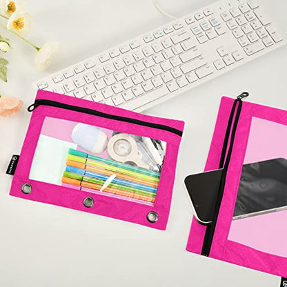 Binder Pouches,Deep Pink Pencil Pouch for 3 Ring Binder 2 Pack Clear Pencil Bag with Zipper for Office School Supplies - color: Deep Pink