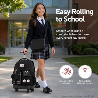 gxtvo 3PCS Rolling Backpack for Women, Girls Wheeled Bookbag with Lunch Box for Adults, Water Resistant Roller School Bag for College Teens Kids Travel - Black - color: 3pcs Set Black