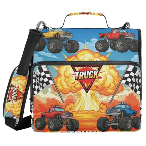 Gredecor 3 D-Ring Zipper Binder 1.5 in Waterproof Monster Truck Game Binder with Zipper Shoulder Strap, Multi-Pockets Organizer Bag for School & Office Supplies, Storage 500 Sheets Capacity - color: Monster Truck Game