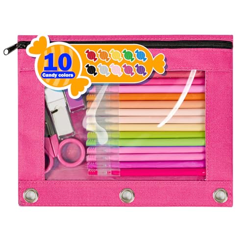 Forvencer Zippered Pencil Pouches, Premium Heavy-Duty Zippers, Aesthetic 3 Ring Pencil Case, Candy Colors, Cute Clear Top Binder Pouch, Colorful Zipper Pencil Bag for Girls Boys Adults, Fuchsia - color: Fuchsia, size: 1 Pack