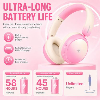 Wireless Headphones for Girls– ANC Active Noise Cancelling, 58H Playtime,Safe Volume Limiter, Foldable Over-Ear Kids Headset with 40mm Drivers for School, Travel & Learning - color: Pink