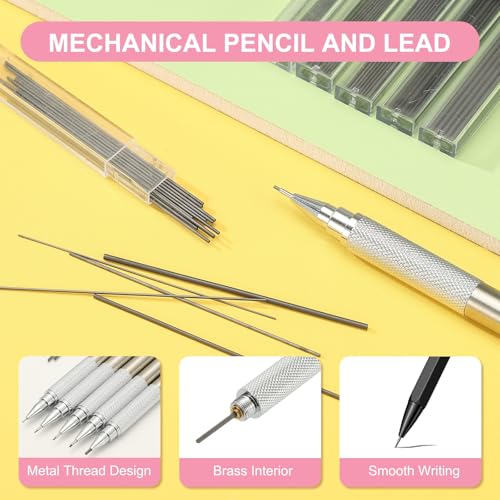 PATIKIL 0.7 mm Mechanical Pencil Set with Lead Refills, Metal Drafting Pencil Artist Lead Holder for Drawing Writing Sketching Marking Art, Silver