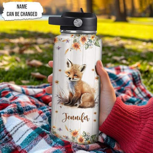 Hyturtle Personalized Fox Water Bottle - Insulated Stainless Steel Bottle with Leak-Proof Lid 18oz 32oz - Floral Fox Gift for Women, Girls, Fox Lovers, Animal Lovers - Birthday & Christmas Gift - color: Fox