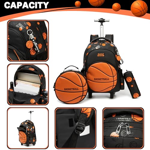 Kids Rolling Backpack Roller Backpack with Wheels Elementary Kindergarten Students Basketball Trolley School Bag for School Boys - color: Orange