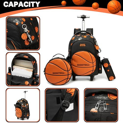 Kids Rolling Backpack Roller Backpack with Wheels Elementary Kindergarten Students Basketball Trolley School Bag for School Boys - color: Orange