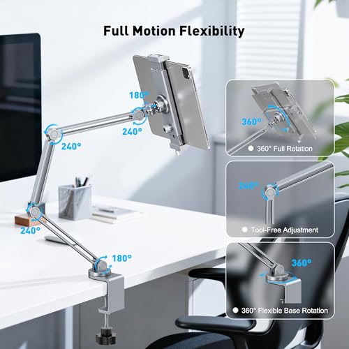 AboveTEK 2-in-1 iPad Stand for Desk, Aluminum iPad Holder Arm with Clamp & Magnetic Ring Head, 360° Adjustable Tablet Stand Holder, Bed Clamp Mount for 4.7"-13" iPads Air/Pro/Mini, Galaxy Tab & Phones