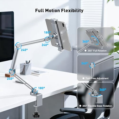 AboveTEK 2-in-1 iPad Stand for Desk, Aluminum iPad Holder Arm with Clamp & Magnetic Ring Head, 360° Adjustable Tablet Stand Holder, Bed Clamp Mount for 4.7"-13" iPads Air/Pro/Mini, Galaxy Tab & Phones