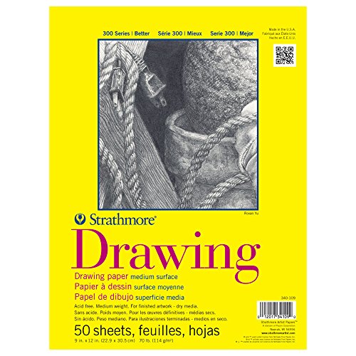 Strathmore 300 Series Drawing Paper Pad, Glue Bound, 9x12 inches, 50 Sheets (70lb/114g) - Artist Paper for Adults and Students - Charcoal, Colored Pencil, Ink, Pastel, Marker - size: 9x12, style: Glue Binding