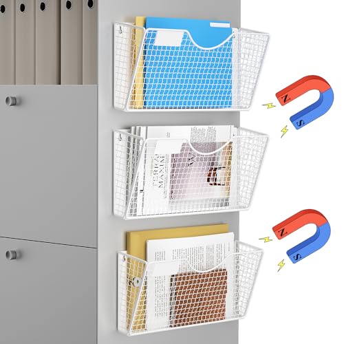 MFTEK Magnetic File Holder, 3 Pockets Wall File Folders Holder No Drilling Magnetic Paper Mail Organizer Magazine Basket, Hanging Storage Rack for Fridge Cabinets Office Classroom(White) - color: White, size: 3 Pack