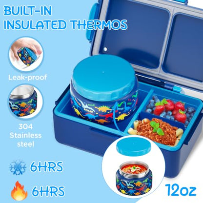 Dinosaur Bento Lunch Box for Kids – 12 oz Stainless‑Steel Soup Thermo & 3‑Compartment Leak‑Proof Food Container with Built‑In Ice Pack, Insulated Food Jar for Boys & Girls, School & Travel - color: Blue-Dinosaur