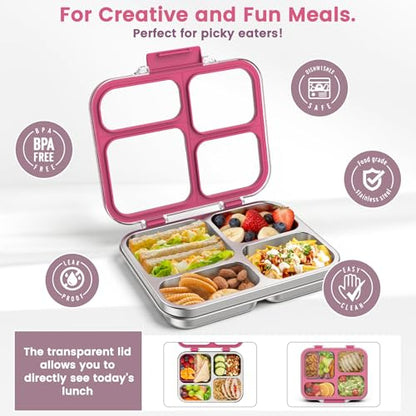 Stainless Steel Bento Box for Kids Adults with Silicone Container, Leak Proof 4 Compartments Metal Lunch Box, Removable Silicone Seal & Clear Lid Food Container for School Office, BPA-Free(Pink) - color: Pink