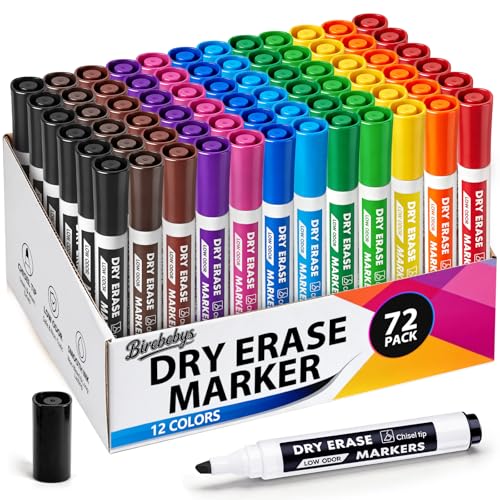 72 Pack Dry Erase Markers, Chisel Tip Whiteboard Markers in 12 Assorted Colors, Low Odor Dry Erase Pens Bulk Pack for Teachers Kids, Classroom, Office, Home, Back to School Supplies