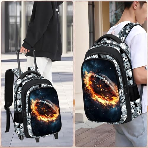 Boys Rolling Backpack for Kids - American Football Kids Rolling Backpack with Wheels for Elementary Middle School Students - Roller School Bookbag Aged 6-18, Wheeled Travel Bag Large Capacity - color: Football-002-backpack Only