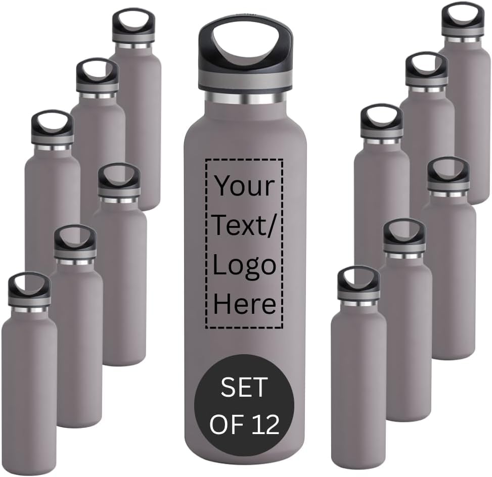 CUSTOM PRINTED 20 oz Vacuum Insulated Water Bottles Set of 12, Personalized Stainless Steel Water Bottle with Logo, Double Wall Copper Lined Insulated Bottle, Leak Resistant Narrow Mouth (Graphite) - color: Graphite