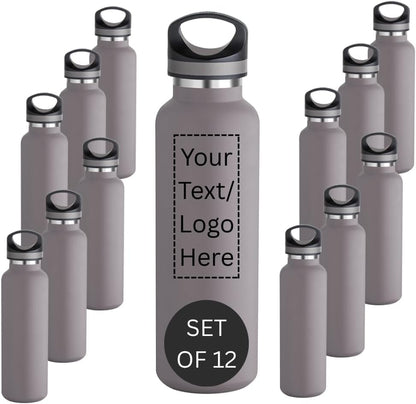 CUSTOM PRINTED 20 oz Vacuum Insulated Water Bottles Set of 12, Personalized Stainless Steel Water Bottle with Logo, Double Wall Copper Lined Insulated Bottle, Leak Resistant Narrow Mouth (Graphite) - color: Graphite