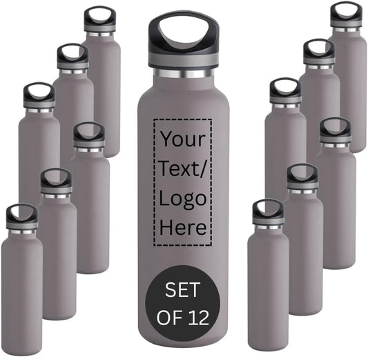CUSTOM PRINTED 20 oz Vacuum Insulated Water Bottles Set of 12, Personalized Stainless Steel Water Bottle with Logo, Double Wall Copper Lined Insulated Bottle, Leak Resistant Narrow Mouth (Graphite) - color: Graphite