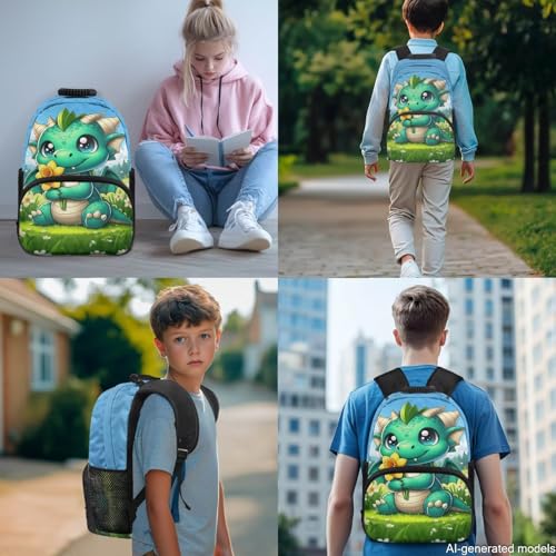 Cute Dinosaur Backpack with Lunch Box, Pencil Pouch, Water Bottle Sleeve - 4 Pcs Kids School Book Bag Set for Elementary Boys Girls - color: Cute Dinosaur