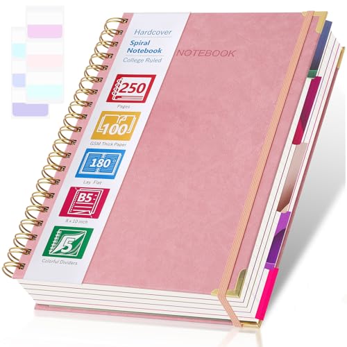 College Ruled Notebook, Spiral Notebook 8.5" x 11", Leather Hardcover Notebook Journal for Women Men, 5 Subject Notebook with Dividers, Journaling Notebooks for Work School, Large Lined Journal, Pink - color: Pink, size: 8.5" x 11"