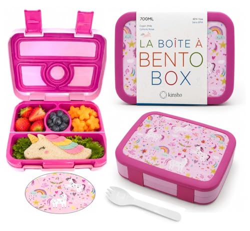 Bento Lunch Box for Kids Toddlers, Leak Proof Containers for Girls, 4 Divided Compartments - Pre School, Daycare, Portion Control Snack Tiffin with Lid Utensil, BPA Free, Age 3+, Cute Pink Unicorn - color: Pink Unicorn Bento