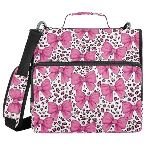 Pink Leopard Bow Zipper Binder 3 Ring with Shoulder Strap | Multi-Pocket Organizer, 2 Inch Binder Holds 500 Sheets, Zipper Binders Organizer for School Students Office - color: Multicolored.17