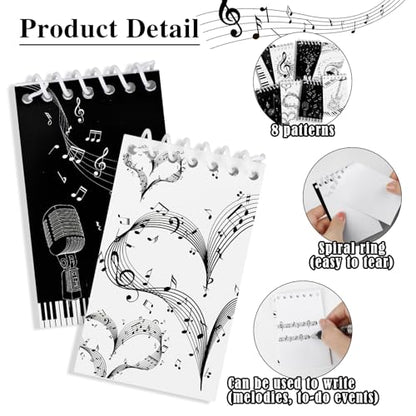 Konsait Music Themed Notepads, Music Note Mini Spiral Notebook Message Reminder for Office School Supplies Music Gifts for Teacher Student Classroom Rewards Party Favors (8 Pieces)