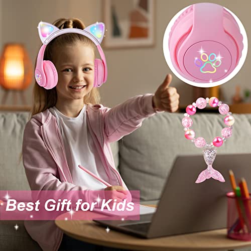 Cat Ear Kids Headphones Bluetooth, LED Light up Wireless/Wired Mode Over Ear Headphones with Build in Microphone for School/Travel (Pink) - color: Pink
